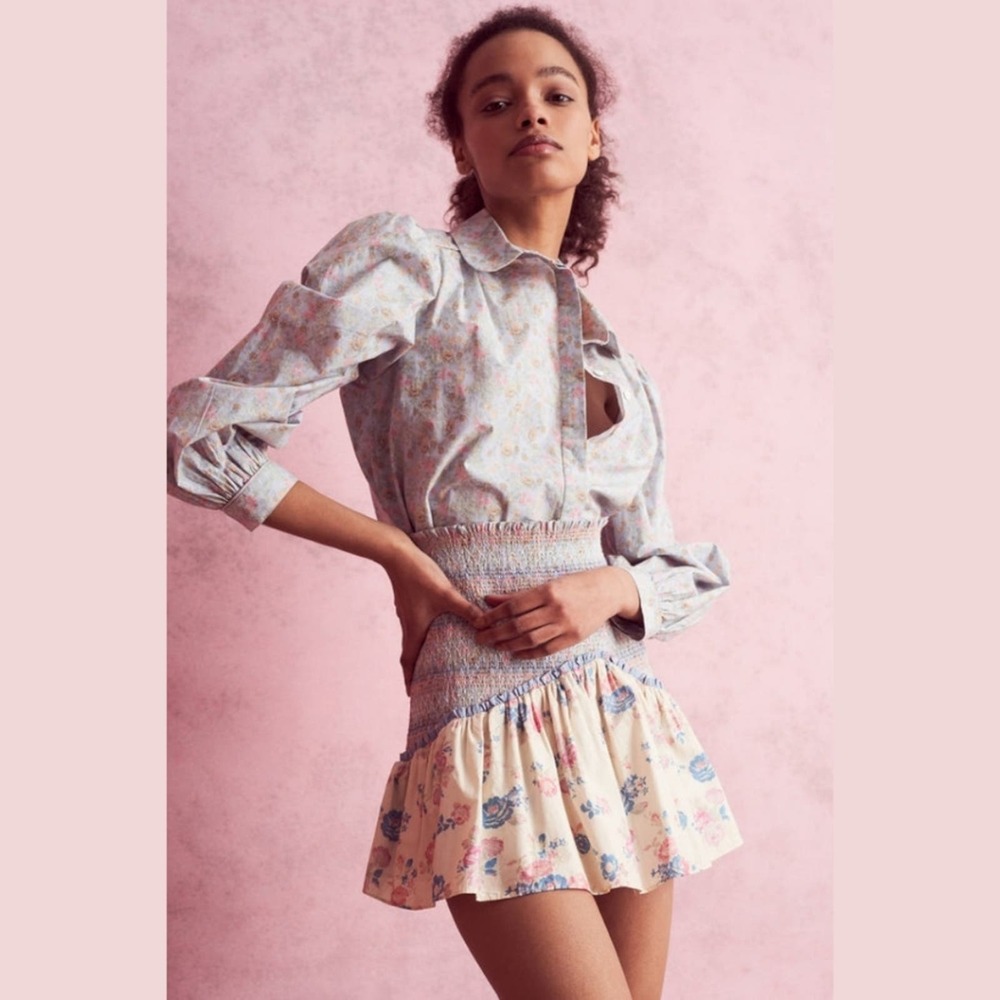 LoveShackFancy Floral Mini Skirt in Cream and Blue